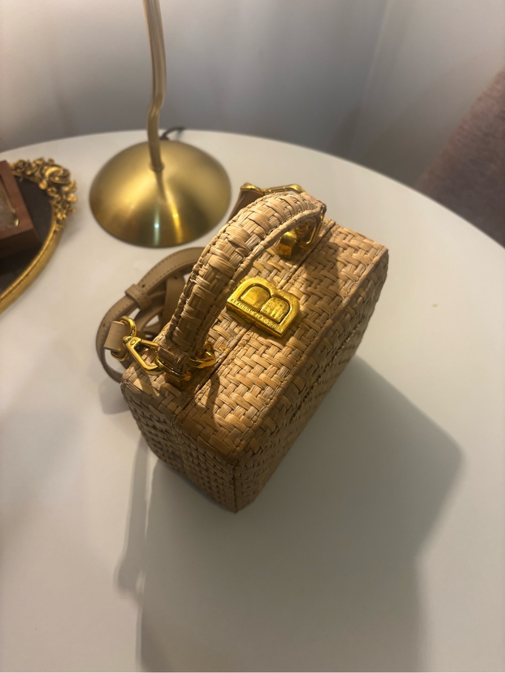 Brandon Blackwood Natural Beige Woven Top-Handle Mini Bag with Gold Hardware - Picture 2 of 7